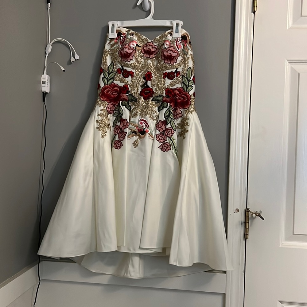 White, Embroidered Rose, Gold and Pink Strapless Dress